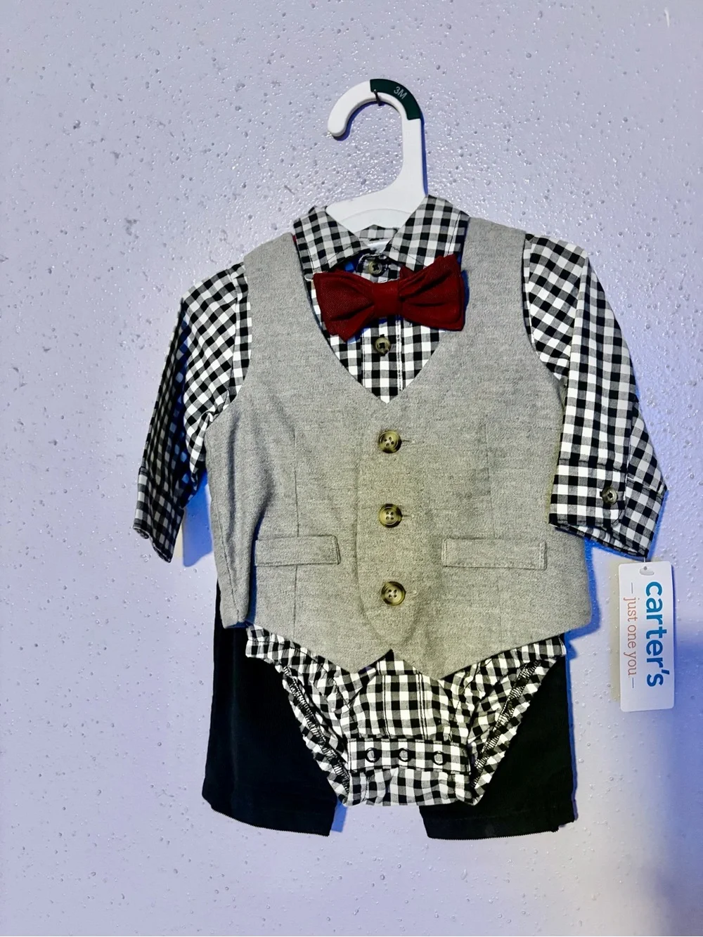 Carter's Black & White Gingham Bodysuit with Gray Vest and Red Bow Tie